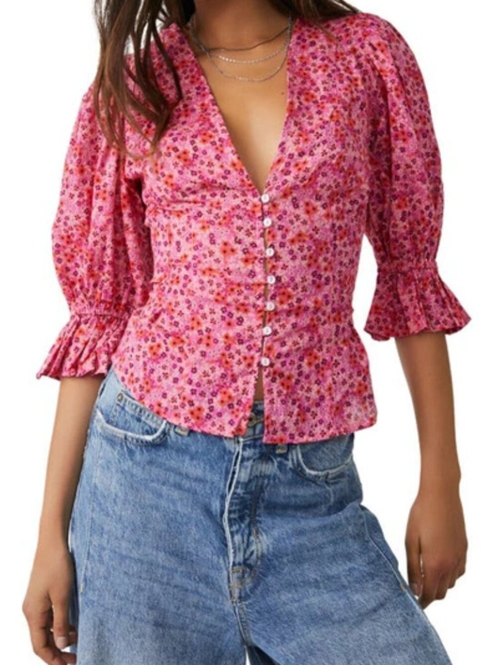 Free People Found You Pink Floral Print Button Front Blouse- Size S- Cottagecore